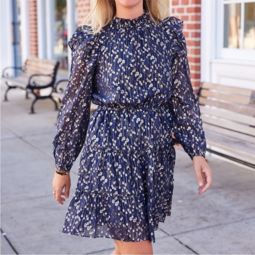 Sail to Sable Lurex Clip Dot Long Sleeve Ruffle Neck Dress in Navy